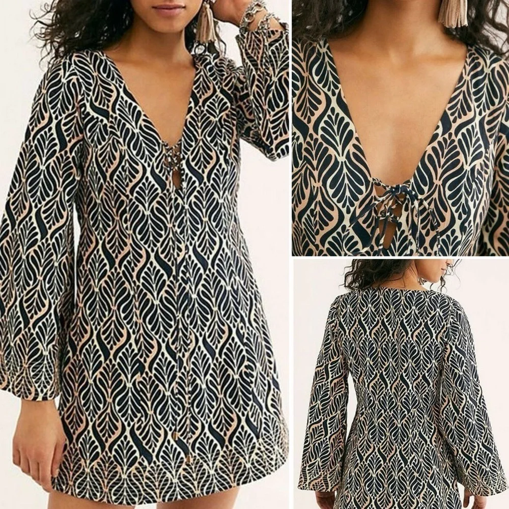 Free People Gia Bell Sleeve Mini Dress Cotton Boho Neutral Groovy 70s Sz Small